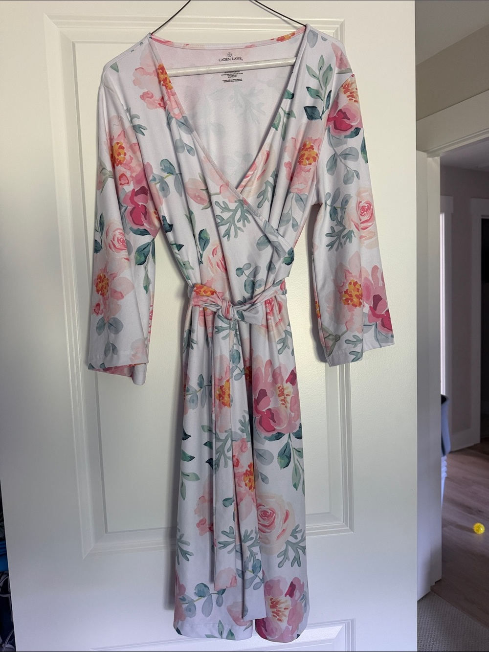 Caden Lane Floral Wrap Midi Dress in Pink, Green and Cream